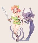  2020 big_breasts blue_eyes bodily_fluids breasts brellom crossgender duo female freckles hi_res holding_melee_weapon humanoid humanoid_pointy_ears hylian link melee_weapon midna nintendo nipple_outline red_eyes smile sweat sweatdrop sword the_legend_of_zelda twilight_princess video_games weapon 