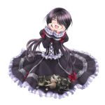 1girl :d amderxamder black_dress black_hair blush bow cat closed_eyes date_a_live dress facing_viewer floating_hair full_body gothic_lolita hair_over_one_eye layered_dress lolita_fashion long_dress long_hair long_sleeves low_twintails lowres open_mouth red_bow sitting smile solo tokisaki_kurumi twintails very_long_hair 