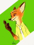  00do 2020 3:4 anthro canid canine clothed clothing dipstick_ears disney fox fur green_background hi_res mammal multicolored_ears necktie nick_wilde orange_body orange_fur pawpads pnoll red_fox shirt simple_background smile solo topwear zootopia 