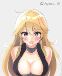  1girl artist_name blonde_hair blush breasts choker cleavage eyebrows_visible_through_hair grey_background iowa_(kantai_collection) kantai_collection large_breasts long_hair looking_at_viewer open_mouth purple_eyes solo toyomi_13 