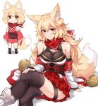  1girl animal_ears arm_support bare_shoulders bell blonde_hair blush breasts cleavage commentary_request eyebrows_visible_through_hair feet_out_of_frame hair_between_eyes hal_(h_lambda_l) highres large_breasts long_hair looking_at_viewer multiple_views original simple_background sitting skirt tail thighhighs white_background yellow_eyes zettai_ryouiki 