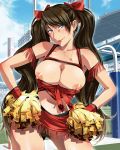  1girl blue_eyes bow breasts brown_hair cheerleader comic_milf earrings hair_bow highres holding_pom_poms jewelry large_breasts long_hair midriff navel nipples no_panties original outdoors pom_poms pubic_hair red_bow red_skirt schelz skirt solo stadium standing sweat twintails 