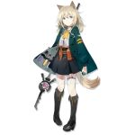  1girl animal_ears arknights bangs belt black_footwear black_skirt boots dog_ears dog_tail eyebrows_visible_through_hair full_body green_jacket grey_eyes hair_between_eyes jacket knee_boots long_sleeves looking_at_viewer medium_hair miniskirt neck_ribbon official_art open_clothes open_jacket pigeon-toed pleated_skirt podenco_(arknights) ribbon see-through shirt silver_hair skirt smile solo staff standing sutorora tachi-e tail test_tube thigh_strap transparent_background utility_belt vial white_shirt yellow_neckwear yellow_ribbon 