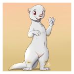  1:1 2020 albino border chest_tuft featureless_crotch fur gesture gradient_background hi_res louart lutrine mammal mustelid nude open_mouth open_smile pink_hose red_eyes signature simple_background smile standing tuft waving white_body white_border white_fur 