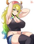  1girl =_= arms_behind_head black_legwear black_tank_top blonde_hair blue_hair breasts cleavage denim denim_shorts dragon dragon_girl green_eyes green_hair hat highres horns horns_through_headwear jmg kobayashi-san_chi_no_maidragon large_breasts long_hair multicolored_hair one_eye_closed quetzalcoatl_(maidragon) shorts signature smile tank_top white_background 