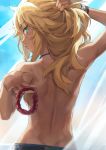  1girl back belt blonde_hair blush bracelet breasts eyebrows_visible_through_hair eyes_visible_through_hair fate/apocrypha fate_(series) green_eyes highres jewelry looking_at_viewer medium_hair mordred_(fate) mordred_(fate)_(all) solo tonee topless upper_body 