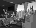  2020 absurd_res anthro arctic_fox barefoot bed bottomwear canid canine clothed clothing curtains detailed_background disney ear_markings ears_down eyes_closed facial_markings female fennec finnick fox fully_clothed fur furniture gloves_(marking) greyscale group head_markings hi_res inside jack_savage judy_hopps lagomorph lamp leporid male mammal markings monochrome nick_wilde on_bed open_mouth open_smile pants pivoted_ears rabbit reclining red-fox shirt shorts sitting skye_(zootopia) smile t-shirt theblueberrycarrots topwear window zootopia 