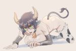  2020 all_fours animal_humanoid black_hair bovid bovid_humanoid bovine bovine_humanoid breasts brellom butt cattle_humanoid cowbell eyewear female glasses green_eyes hair hi_res humanoid looking_up mammal mammal_humanoid open_mouth short_hair simple_background solo white_background 