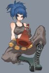  1girl bare_shoulders black_gloves blue_eyes blue_hair boots combat_boots earrings gas_can gloves highres jewelry leona_heidern pants ponytail simple_background sitting soldier solo ssangbong-llama tank_top the_king_of_fighters the_king_of_fighters_xiii traffic_cone 