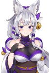  1girl absurdres animal_ears bangs bare_shoulders bell blunt_bangs blush breasts character_request choker detached_sleeves eyebrows_visible_through_hair fingerless_gloves gloves hair_bell hair_ornament hal_(h_lambda_l) highres large_breasts long_hair looking_at_viewer original purple_eyes silver_hair simple_background smile solo teeth upper_body white_background 