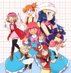  &gt;_&lt; 1boy 6+girls :d ;d bandana bangs black_legwear black_shirt blonde_hair blue_dress blue_eyes blue_hair blue_ribbon blush bow brown_eyes brown_footwear brown_hair brown_shirt closed_eyes crossdressing dress eureka_(pokemon) eyebrows_visible_through_hair floating_hair frilled_dress frills green_eyes hair_between_eyes hair_bow haruka_(pokemon) hat hikari_(pokemon) holding iris_(pokemon) jacket kasumi_(pokemon) long_hair long_sleeves miniskirt multiple_girls neck_ribbon one_eye_closed open_mouth pants pants_under_skirt pink_neckwear pink_scarf pink_shirt pink_skirt pokemon pokemon_(anime) print_headwear purple_hair red_jacket ribbon satoshi_(pokemon) scarf serena_(pokemon) shiny shiny_hair shirt short_hair short_sleeves skirt sleeveless sleeveless_shirt smile suspenders sweatdrop thighhighs tied_hair twintails very_long_hair white_background white_headwear white_pants white_skirt yellow_bow yellow_shirt yuki56 