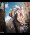  2020 anthro belt beverage black_nose blue_body blue_eyes blue_fur brand_new_animal canid canine canis city clothed clothing collar day fluffy fluffy_tail fur hair hand_in_pocket holding_object karukim_art male mammal multicolored_body multicolored_fur pockets shirou_ogami solo standing studio_trigger topwear white_body white_fur wolf 