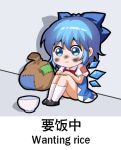  (9) 1girl :&lt; bag blue_eyes blue_hair bow bowl chibi cirno commentary_request dirty dirty_face hair_bow ice ice_wings lowres meme patches shadow shangguan_feiying short_hair sitting solo touhou translation_request wings 