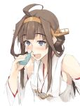  1girl ahoge bangs bare_shoulders blue_eyes blush bottle breasts brown_hair commentary_request detached_sleeves hair_bun headgear highres in_nose kantai_collection kongou_(kantai_collection) long_hair medium_breasts nasal_irrigation nontraditional_miko open_mouth simple_background solo sparkle tears white_background zekkyon 