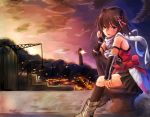  1girl black_gloves black_neckwear black_skirt brown_eyes brown_hair commentary_request double-breasted elbow_gloves fingerless_gloves full_body gauntlets gloves kantai_collection lighthouse mizuya_chiharu mountain neckerchief remodel_(kantai_collection) scarf school_uniform sendai_(kantai_collection) serafuku single_thighhigh sitting skirt sleeveless solo sunset thighhighs two_side_up white_scarf 