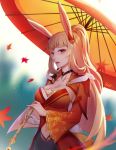  1girl animal_ears arena_of_valor artist_name bangs blonde_hair breasts bunny_ears cleavage highres holding holding_umbrella kezi large_breasts long_hair makeup nail_polish navel orange_eyes parted_lips solo stomach umbrella 