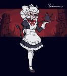  1girl alternate_costume apron bangs black_dress black_footwear black_horns character_name commentary cup demon_girl demon_horns dress enmaided frilled_dress frills frown full_body glasses helltaker holding holding_tray horns long_hair looking_at_viewer maid maid_apron mateus_upd mug pandemonica_(helltaker) pantyhose ponytail puffy_sleeves red_eyes red_neckwear red_ribbon ribbon shoes solo teacup tray white_apron white_hair white_legwear 