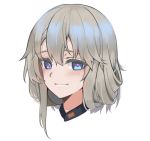  1girl blue_eyes blush character_request commentary_request copyright_request eyebrows_visible_through_hair grey_hair hair_between_eyes looking_at_viewer portrait simple_background smile solo warashi white_background 
