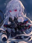  1girl arknights artist_name bangs bare_shoulders black_gloves breasts commentary_request gloves hand_up highres long_hair looking_at_viewer medium_breasts no_hat no_headwear red_eyes sheya signature silver_hair skadi_(arknights) solo upper_body 