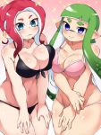  2girls asymmetrical_docking bangs bikini black_bikini blue_eyes blunt_bangs blush breast_press breasts cleavage closed_mouth commentary covering covering_crotch curvy domino_mask front-tie_bikini front-tie_top green_hair groin hands_on_own_thighs highres inkling large_breasts leaning_forward light_frown light_smile long_hair looking_at_viewer makeup mascara mask medium_breasts medium_hair multiple_girls navel octoling penguin_maru_(penginmaru) pink_bikini pointy_ears red_hair side-by-side skindentation sparkle splatoon_(series) suction_cups sweat sweatdrop swimsuit tentacle_hair 