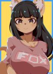  2020 anthro big_breasts black_hair black_nose breasts canid canine chest_tuft clothing female fox fur hair hi_res inner_ear_fluff mammal mofumofumachine portrait shirt simple_background smile solo tan_body tan_fur topwear tuft 