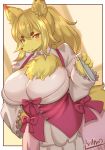  2019 anthro big_breasts breasts canid chest_tuft dutch_angle female fur hair hi_res inner_ear_fluff looking_at_viewer mammal mofumofumachine ribbons smile snout solo tuft yellow_body yellow_fur 