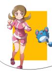  1girl brown_eyes brown_hair closed_mouth full_body gen_2_pokemon highres jacket kotone_(pokemon) long_hair long_sleeves low_twintails marill pink_footwear pink_jacket pink_shorts pokemon pokemon_(creature) pokemon_(game) pokemon_hgss shoes short_shorts shorts smile sneakers solo standing thigh_gap twintails two-tone_background user_ahrh3282 v-shaped_eyebrows white_background yellow_background 