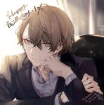  1boy bangs black_jacket brown_eyes brown_hair business_suit buttons chair closed_mouth collared_shirt commentary earrings formal fuyuomi hair_between_eyes hand_on_own_cheek happy_birthday jacket jewelry kagami_hayato lapel_pin light_smile long_sleeves looking_at_viewer male_focus nijisanji shirt sitting smile solo suit text_focus upper_body virtual_youtuber watch white_shirt wristwatch 