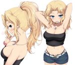  1girl armpits bare_shoulders black_tubetop blush breasts cleavage cowboy_shot dog_tags girls_und_panzer groin hair_intakes hands_in_hair high_ponytail kasai_shin kay_(girls_und_panzer) large_breasts long_hair looking_at_viewer mouth_hold navel scrunchie solo strapless tubetop white_background wrist_scrunchie 