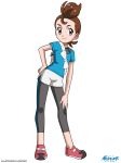  1girl artist_name black_pants blue_shirt brown_eyes brown_hair closed_mouth contrapposto copyright_name hand_on_hip kriztart looking_at_viewer makoto_(pokemon) pants pants_under_shorts pink_footwear pokemon pokemon_(anime) shiny shiny_hair shirt short_shorts short_sleeves shorts simple_background smile solo tied_hair white_background white_shorts 