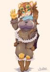  2019 absurd_res anthro breasts brown_hair clothing cricetid eyewear female gloves goggles goggles_on_head green_eyes hair hamster handwear hi_res jacket looking_at_viewer mammal mofumofumachine open_mouth rodent scarf simple_background smile solo standing topwear white_background 
