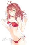  1girl alternate_costume arashi_(kantai_collection) arms_up ass bare_shoulders bikini blush breasts cleavage closed_mouth eyebrows_visible_through_hair green_eyes hair_between_eyes hair_ornament highres hizaka kantai_collection long_hair looking_at_viewer messy_hair navel red_bikini red_hair ribbon simple_background small_breasts smile solo swimsuit twitter_username white_background white_ribbon 