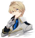  1boy blonde_hair blue_eyes blue_neckwear closed_mouth eyes_visible_through_hair gloves hair_between_eyes holding holostars jacket kishido_temma long_sleeves looking_at_viewer male_focus mudo_(saji) necktie short_hair smile solo symbol_commentary transparent_background upper_body virtual_youtuber white_gloves white_jacket 