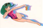  1980s_(style) 1girl barefoot blue_eyes braid can chin_rest drop_shadow eyewear_on_head full_body green_hair holding holding_can long_hair looking_at_viewer lum official_art oldschool one-piece_swimsuit outstretched_arm purple_swimsuit soda_can solo strapless strapless_swimsuit swimsuit urusei_yatsura 