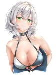  1girl absurdres bangs bikini black_bikini blush braid breasts choker cleavage closed_mouth eyebrows_visible_through_hair front-tie_bikini front-tie_top green_eyes hair_between_eyes highres hololive large_breasts looking_at_viewer medium_hair mole mole_on_breast shirogane_noel silver_hair simple_background smile solo swimsuit terebi_(shimizu1996) two-tone_bikini virtual_youtuber white_background white_bikini 