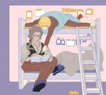  2boys alternate_costume bed berserker bespectacled black_hair blanket blonde_hair book bunk_bed earrings fate/grand_order fate_(series) glasses green_eyes highres jason_(fate/grand_order) jewelry ladder long_hair messy_hair multiple_boys pajamas ponytail red_eyes short_hair slippers under_covers vest 