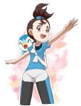  1girl :d black_legwear blue_shirt brown_eyes brown_hair cropped_legs gen_4_pokemon highres makoto_(pokemon) nyonn24 on_shoulder open_mouth outstretched_arms pantyhose piplup pokemon pokemon_(anime) pokemon_(creature) pokemon_on_shoulder shiny shiny_hair shirt short_hair short_shorts short_sleeves shorts sketch smile solo standing starter_pokemon tied_hair white_background white_shorts 