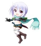  1girl :d bangs bike_shorts black_gloves black_shorts black_sleeves blue_scarf blue_shorts boots breasts brown_footwear chibi chris_(konosuba) dagger detached_sleeves eyebrows_visible_through_hair fringe_trim full_body gloves green_capelet hair_between_eyes highres knee_boots kono_subarashii_sekai_ni_shukufuku_wo! kuena long_sleeves looking_at_viewer open_clothes open_fly open_mouth open_shorts purple_eyes scarf sheath sheathed short_shorts shorts shorts_under_shorts silver_hair simple_background small_breasts smile solo thighhighs thighhighs_under_boots weapon white_background white_legwear 