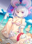  1girl animal_ears beach bow breasts cleavage collarbone commentary_request eyewear_on_head granblue_fantasy hair_bow highres looking_at_viewer matsunami_rumi mouse mouse_ears navel red_eyes silver_hair smile solo spread_legs swimsuit vikala_(granblue_fantasy) 