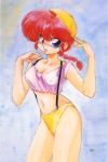  1980s_(style) 1girl adjusting_clothes adjusting_hat baseball_cap bikini bikini_bottom blue_background blue_eyes chinese_clothes covered_nipples cowboy_shot genderswap genderswap_(mtf) hat long_hair looking_at_viewer nakajima_atsuko navel official_art oldschool ranma-chan ranma_1/2 red_hair smile solo suspenders swimsuit tangzhuang tank_top traditional_media watercolor_(medium) 