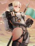  1girl armor backpack bag blonde_hair blurry blurry_background blush breasts closed_mouth doyouwantto elbow_gloves flag frame_arms_girl genderswap genderswap_(mtf) gloves kojima_productions ludens mascot medium_breasts shiny shiny_hair shiny_skin short_hair skindentation solo standing thighs yellow_eyes 