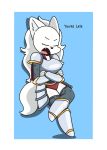  anthro armor armwear blanca_(nicky_illust) blush canid canine canis clothing domestic_dog english_text eyes_closed female fluffy fluffy_tail footwear fur hi_res legwear mammal nicky_illust nordic_sled_dog open_mouth reclining_pose samoyed simple_background solo spitz text topwear white_body white_fur 