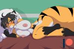 anthro areola breasts domestic_cat felid feline felis female hair looking_at_viewer lying mammal mastergodai multicolored_hair nipples on_side pantherine pillow solo tiger 