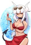  alcohol bikini breasts cleavage cup demon_girl demon_tail drinking_glass helltaker highres horns jewelry large_breasts long_hair lucifer_(helltaker) lyn_(shunao) mole navel necklace red_bikini red_eyes see-through_skirt skirt sunglasses swimsuit tail white_hair wine wine_glass 