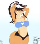  animated anthro big_breasts black_hair blue_eyes bouncing_breasts breasts canid canine elizabeth_fox female fox hair hands_behind_head heterochromia looking_at_viewer mammal multicolored_hair navel ponytail red_eyes short_playtime simple_background solo viejillox white_background white_hair 