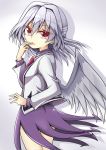  1girl aki_chimaki bangs bow bowtie braid dress eyebrows_visible_through_hair french_braid gradient gradient_background grey_wings hair_between_eyes jacket kishin_sagume long_sleeves looking_at_viewer open_mouth purple_dress red_bow red_eyes red_neckwear short_hair silver_hair single_wing solo suit_jacket touhou vest white_vest wings 
