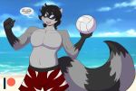  anthro beach clothing female male mammal mastergodai procyonid raccoon sand seaside sky speech_bubble sport swimming_trunks swimwear text volleyball 