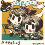  2girls aircraft alternate_costume anchor bangs black_hair blush dated fairy_(kantai_collection) gloves goggles goggles_on_head hyuuga_(kantai_collection) imatomo_mahya ise_(kantai_collection) jacket kantai_collection long_hair multiple_girls open_mouth pleated_skirt ponytail popped_collar short_hair simple_background skirt smile twitter_username 