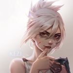  1girl armor artist_name blood dirty dirty_face folded_ponytail gradient gradient_background kezi league_of_legends red_eyes riven_(league_of_legends) short_hair silver_hair solo white_hair 