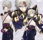  1boy bangs blood blood_on_face blue_eyes blue_pants bridal_gauntlets commentary_request fate/grand_order fate_(series) gao_changgong_(fate) grey_hair hair_between_eyes highres long_sleeves looking_at_viewer male_focus multiple_views pants parted_lips puffy_long_sleeves puffy_sleeves sash sheath shirt short_hair solo tcb white_shirt 
